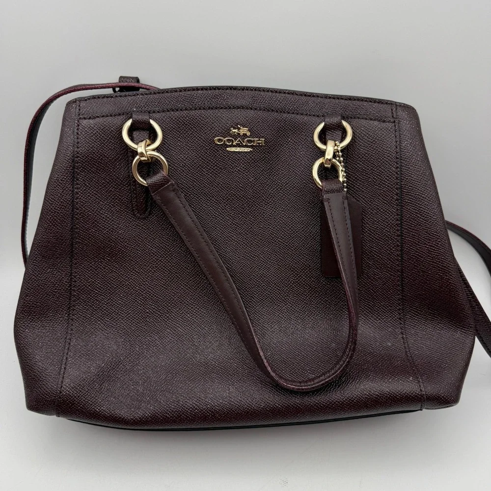 Coach Pebble Leather‎ Burgundy/Purple Glitter Satchel Crossbody Handbag Silver